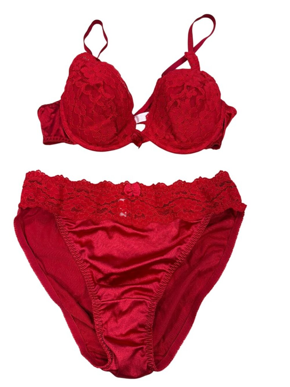 Victoria's Secret Vintage Shiny Second Skin Satin Y2K Red Lace Push-Up Bra & Pan